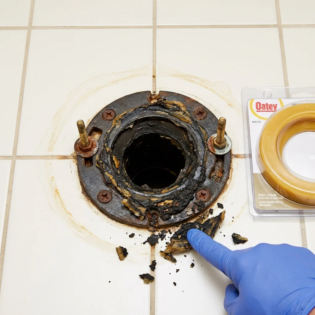 Failed wax ring showing water seepage at the base of a toilet in a Somerset, TX home