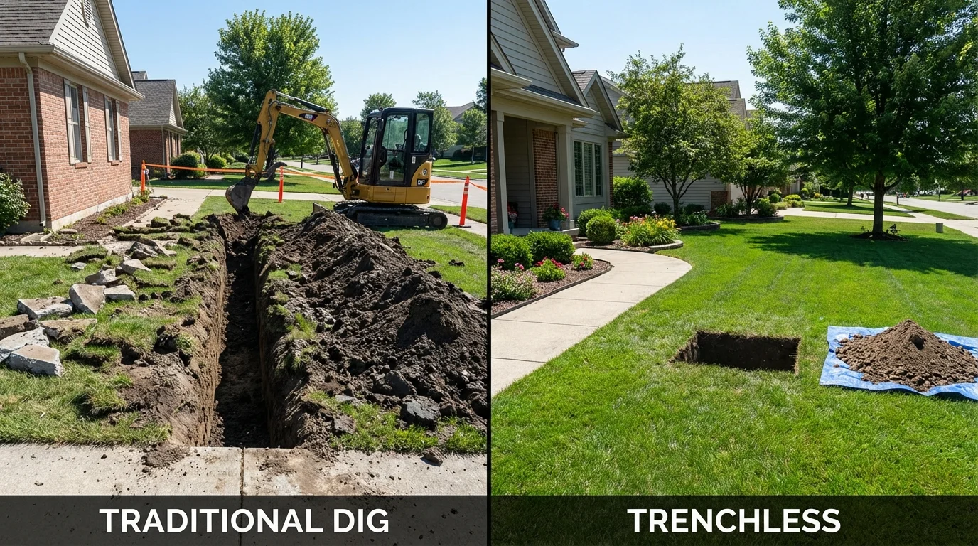 Trenchless sewer repair with minimal yard damage versus traditional excavation in Somerset, TX