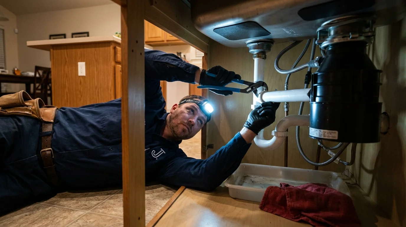 P-trap and supply line connections under a kitchen sink showing a common leak point in Somerset, TX